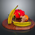 Fresh Bananas Dragon Fruit and Ginger Arranged on Wooden Tray