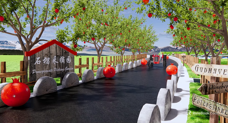 Scenic Pomegranate Picking Garden With Stone Path Stone Mill Decorations Red Lanterns And Mountain View 3d model 