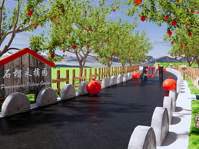 Scenic Pomegranate Picking Garden With Stone Path Stone Mill Decorations Red Lanterns And Mountain View 3d model