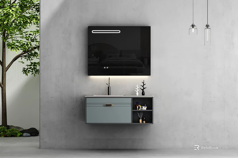 Wall Mounted Bathroom Vanity With Black Lighted Mirror Gray Wall Cabinet Green Plant Pendant Lights 3d model 
