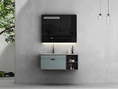 Wall Mounted Bathroom Vanity With Black Lighted Mirror Gray Wall Cabinet Green Plant Pendant Lights 3d model