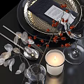 Elegant Dining Table Setting With Wine Glasses Plates Candles And Decorative Branches 3d model
