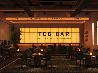 TES BAR Featuring Yellow Grid Background Everyday The Extraordinary Slogan Warm Lighting Tables And Chairs 3d model