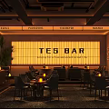 TES BAR Featuring Yellow Grid Background Everyday The Extraordinary Slogan Warm Lighting Tables And Chairs