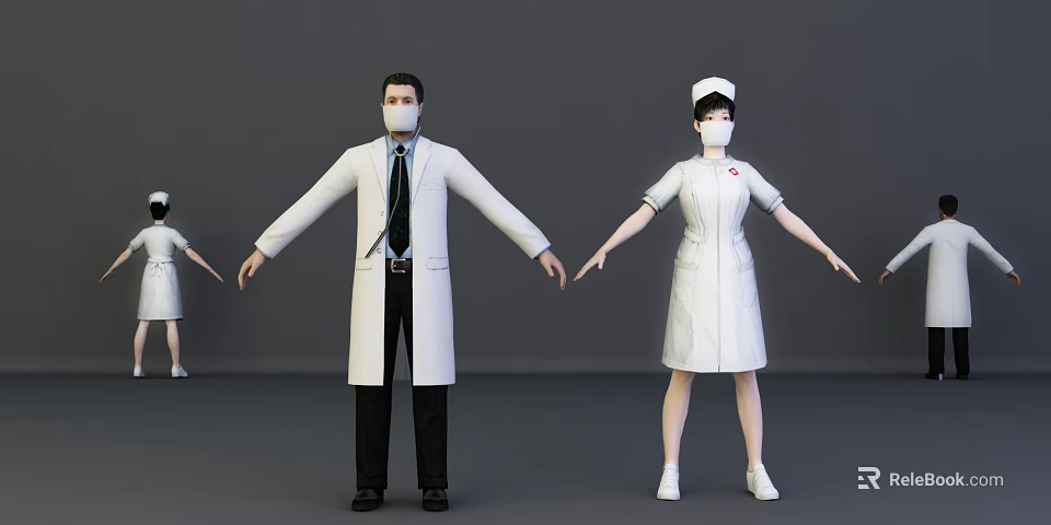 Group of Medical Staff Including Doctors and Nurses in White Uniforms 3d model 