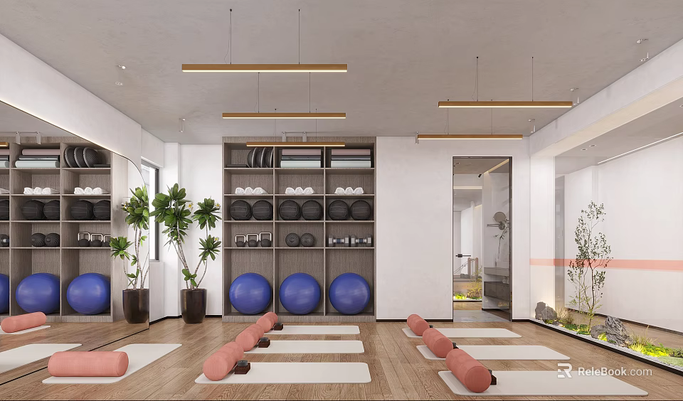Modern Indoor Gym With Yoga Mats Foam Rollers And Fitness Equipment 3d model 
