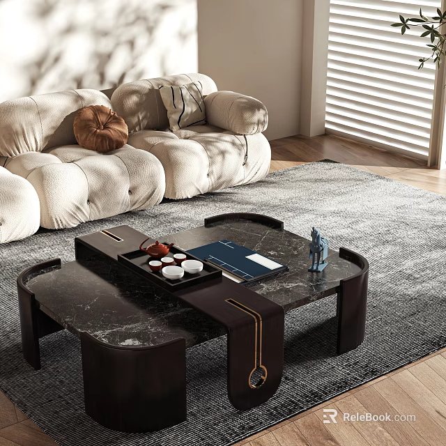 Modern Living Room with Marble Top Coffee Table Wooden Legs Gray Rug Cozy Sofa and Natural Light 3d model 