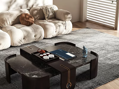 Modern Living Room with Marble Top Coffee Table Wooden Legs Gray Rug Cozy Sofa and Natural Light 3d model