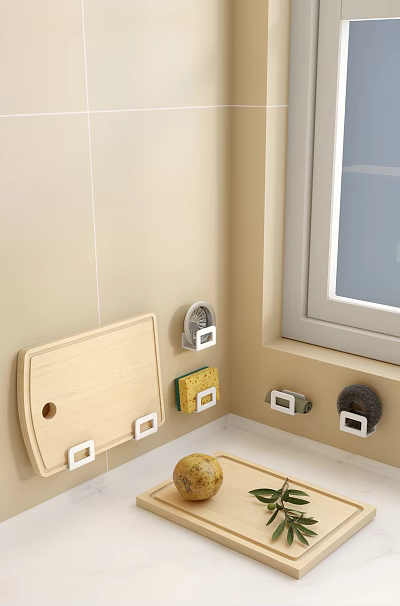 Cutting Board And Other Kitchen Utensils On Beige Wall Near Window 3d model
