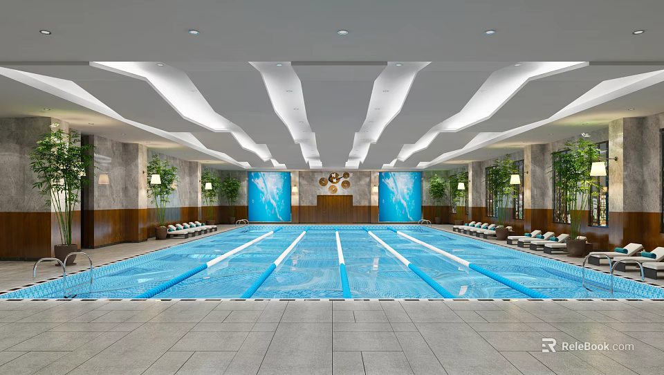 Indoor Swimming Pool With Modern Ceiling Lounge Chairs And Green Plants Lane Lines 3d model 