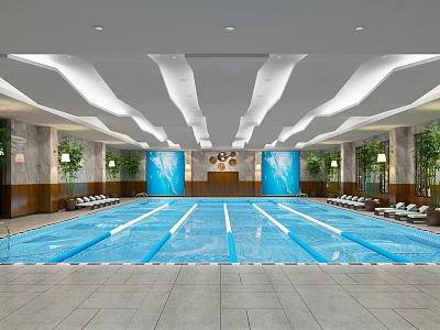 Indoor Swimming Pool With Modern Ceiling Lounge Chairs And Green Plants Lane Lines 3d model