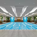 Indoor Swimming Pool With Modern Ceiling Lounge Chairs And Green Plants Lane Lines