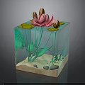 Transparent Cube Container With Pink Water Lily Green Lotus Leaves Aquatic Plants Sand And Pebbles
