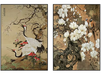 Traditional Chinese Painting With Cranes Red Flowers Magnolia And Birds On Branches 3d model