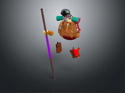 Vintage Style Clothing Collection Featuring Green Hat Brown Coat And Purple Cane 3d model