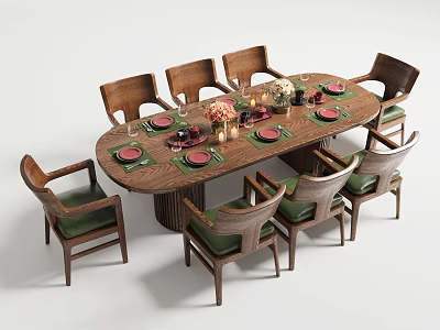 Oval Wooden Dining Table Set With Eight Chairs Green Cushions And Tableware Candles Flower Bouquet 3d model