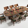 Oval Wooden Dining Table Set With Eight Chairs Green Cushions And Tableware Candles Flower Bouquet