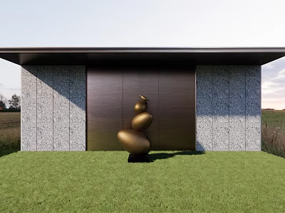 Bronze Stacked Sculpture With Oval Shapes In Modern Building Front On Green Lawn 3d model
