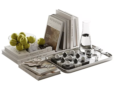 Decorative Ornament Set with Books Green Apples Glass Bowl Clear Vase and Metal Tray 3d model