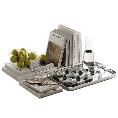Decorative Ornament Set with Books Green Apples Glass Bowl Clear Vase and Metal Tray 3d model