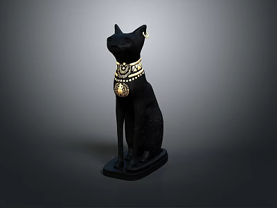 Elegant Black Cat Statue Furniture Decor With Golden Collar And Base 3d model