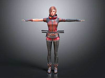 3D Female Warrior Character In Red Black Outfit With Arm Guards And Outstretched Arms 3d model