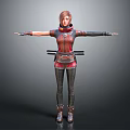 3D Female Warrior Character In Red Black Outfit With Arm Guards And Outstretched Arms