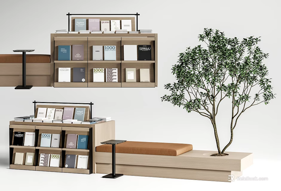 Modern Wooden Bookcase With Books And Bench In Cozy Reading Space 3d model 