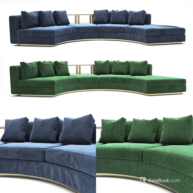 Blue and Green Curved Sectional Sofa With Velvet Upholstery And Plush Pillows 3d model 