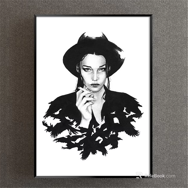 Black and White Portrait of a Woman Wearing a Hat Smoking With Feathered Coat 3d model 