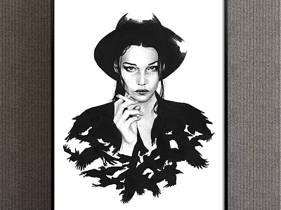 Black and White Portrait of a Woman Wearing a Hat Smoking With Feathered Coat 3d model