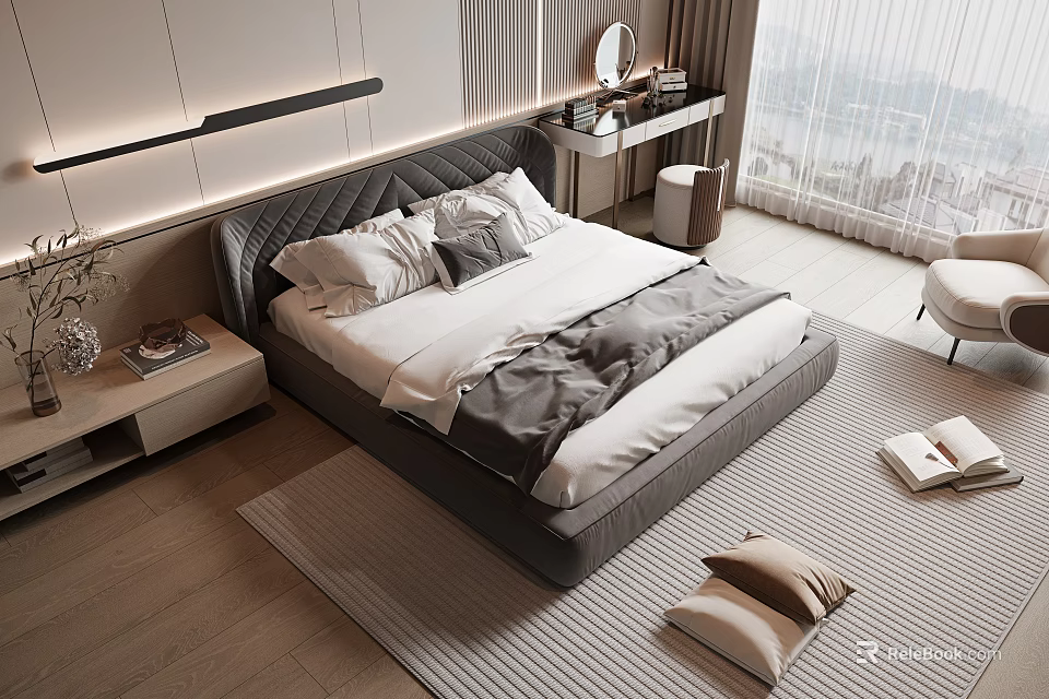 Modern Double Bed Bedroom With Upholstered Headboard White Grey Bedding Wooden Floor Carpet Natural Light 3d model 