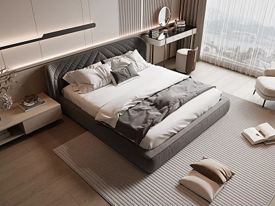 Modern Double Bed Bedroom With Upholstered Headboard White Grey Bedding Wooden Floor Carpet Natural Light 3d model