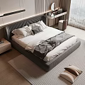 Modern Double Bed Bedroom With Upholstered Headboard White Grey Bedding Wooden Floor Carpet Natural Light
