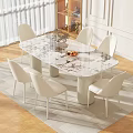 Modern Dining Table Set with Oval Marble Top and Six White Chairs 3d model