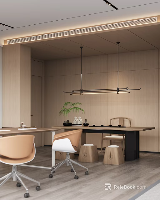 Modern Office Interior Design With Wooden Table Chairs Pendant Lighting And Green Plants 3d model 