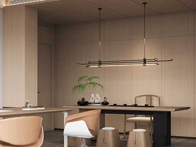 Modern Office Interior Design With Wooden Table Chairs Pendant Lighting And Green Plants 3d model