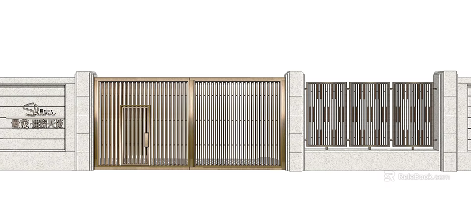 Modern Architectural Building Facade With Vertical Metal Slats And Stone Wall Design 3d model 