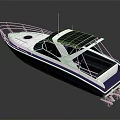 Modern Blue and White Yacht with Black Canopy Sea Voyager and Outboard Engines