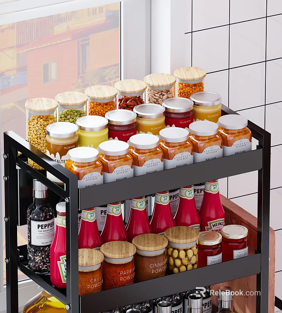 Organized Two Tier Kitchen Spice Rack With Glass Jars Wooden Lids And Red Sauce Bottles 3d model 