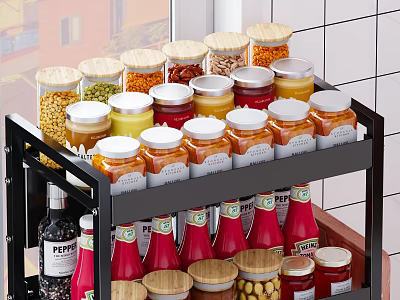 Organized Two Tier Kitchen Spice Rack With Glass Jars Wooden Lids And Red Sauce Bottles 3d model