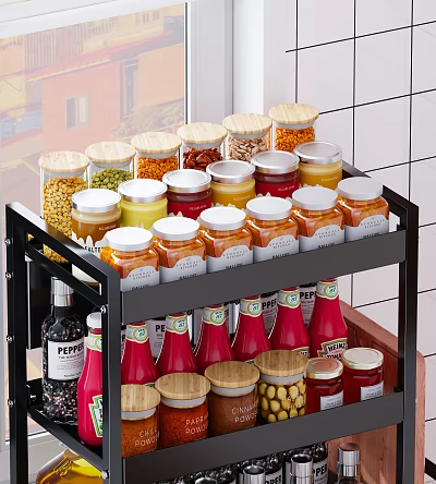 Organized Two Tier Kitchen Spice Rack With Glass Jars Wooden Lids And Red Sauce Bottles 3d model
