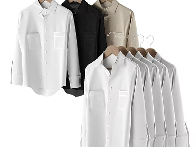 Casual White Black And Beige Long Sleeve Shirts Hanging On Wooden Hangers Multiple Pieces 3d model