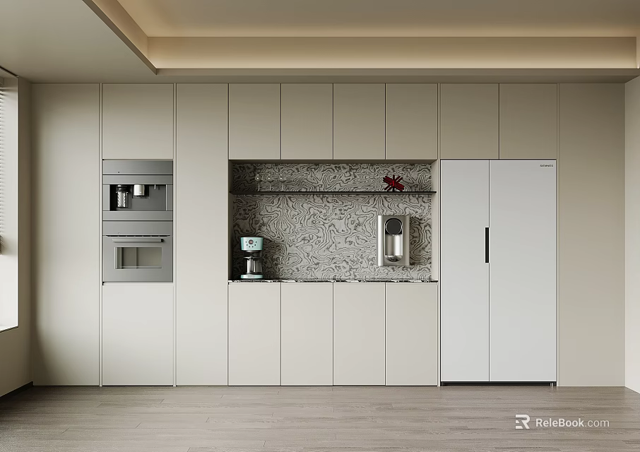 Modern Kitchen Wine Cabinet Design With White Cabinets And Stone Countertop 3d model 