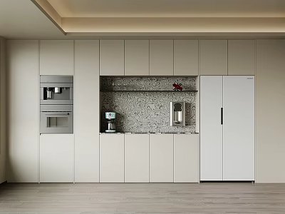Modern Kitchen Wine Cabinet Design With White Cabinets And Stone Countertop 3d model