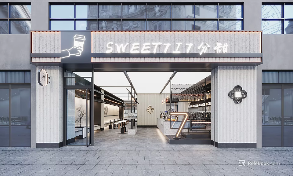 Sweet Dessert Shop Exterior Featuring Modern Glass Windows And Stylish Signage Design 3d model 