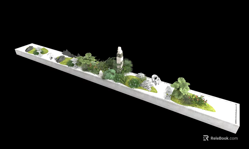 Zen Karesansui Dry Landscape Garden With Moss Covered Stones Small Plants And Raked Sand 3d model 