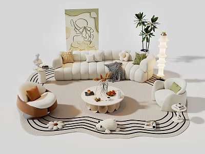 Modern Plush Sofa and Coffee Table Set with Round Table Wavy Rug Armchairs and Artwork 3d model