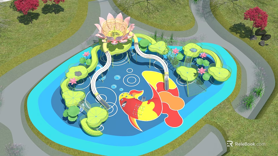 Kids Play Area With Lotus Shaped Structure Blue Water Lily Pads And Colorful Fish 3d model 