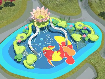 Kids Play Area With Lotus Shaped Structure Blue Water Lily Pads And Colorful Fish 3d model